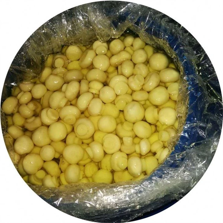 Whole white champignon mushroom in vinegar in barrel